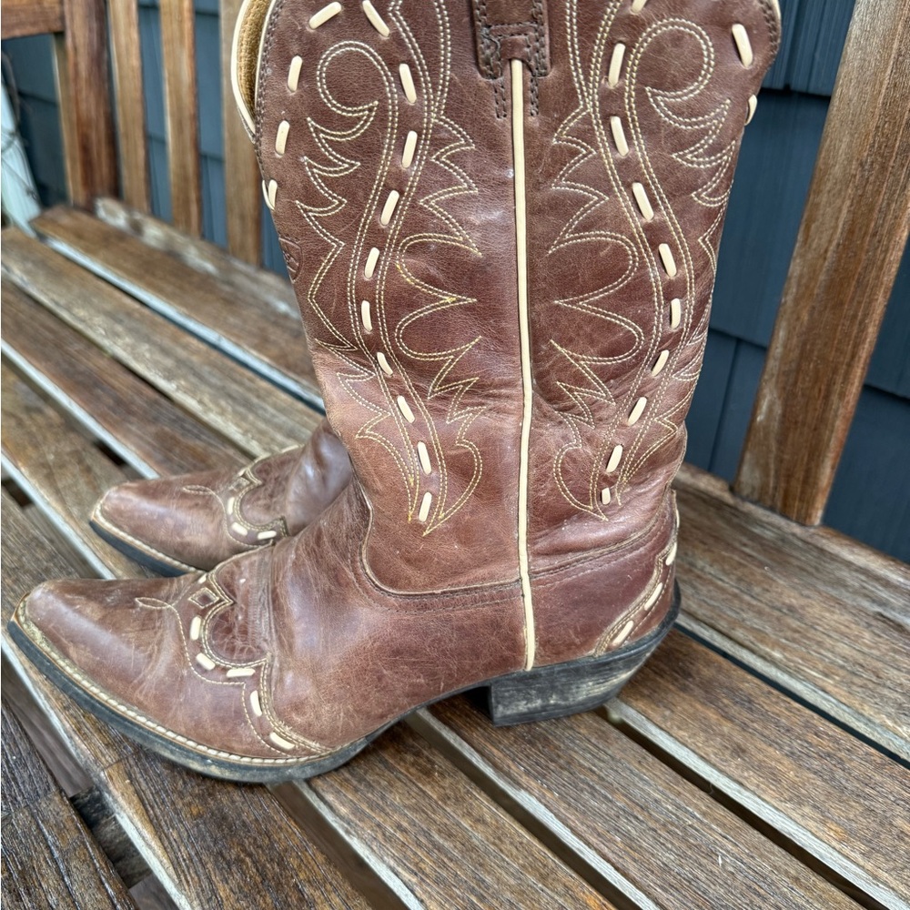 Ariat Brown Leather Western Boots with Cream Stitching - Picture 3 of 9